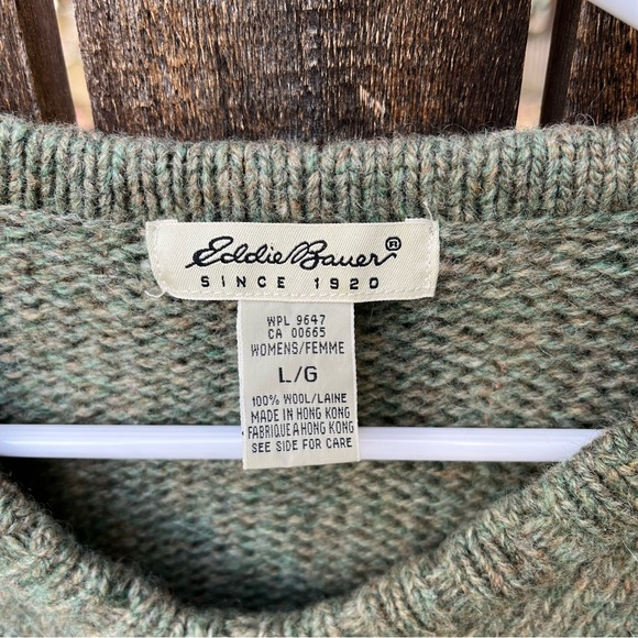 Eddie Bauer Green Wool Fair Isle Embroidery Chunky Knit V-Neck Sweater Sz L - Picture 3 of 15